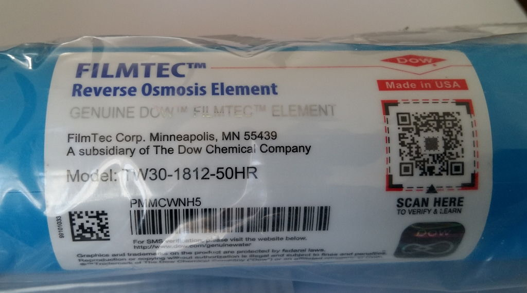 The fake-proof original label of Filmtec membrane TW30-1812-50HR